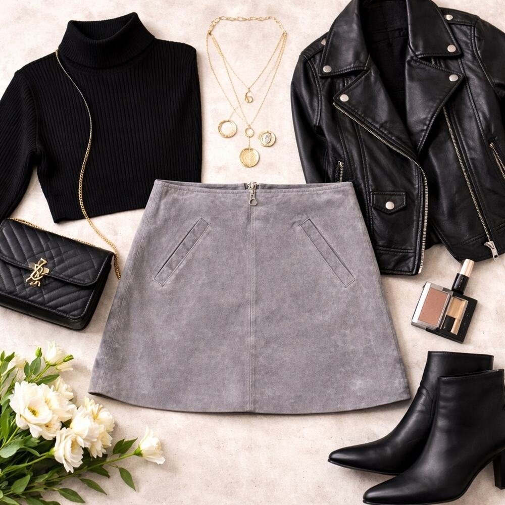 BLANKNYC 100% Leather Mini Skirt Womens 26 Gray Suede A-Line Edgy